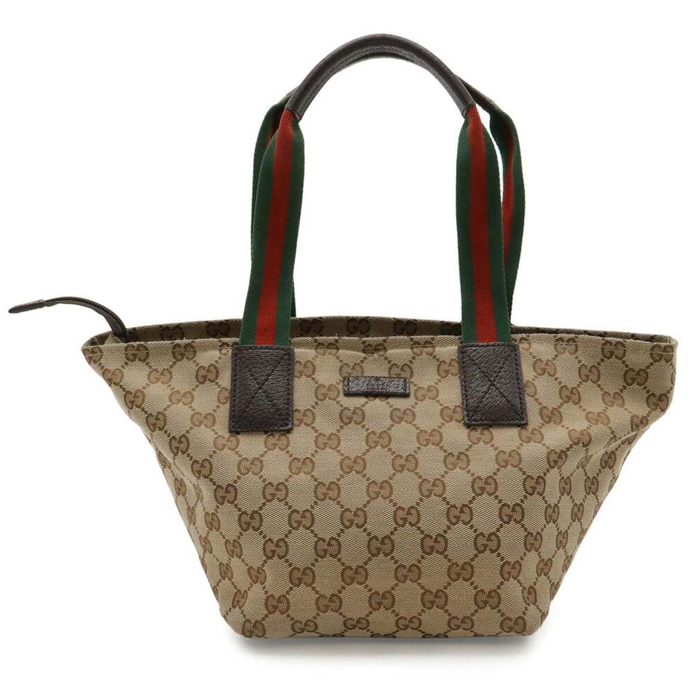 GUCCI GG Canvas Sherry Line Tote Bag, Handbag, Leather, Khaki Beige, Dark Bro... - Picture 2 of 10